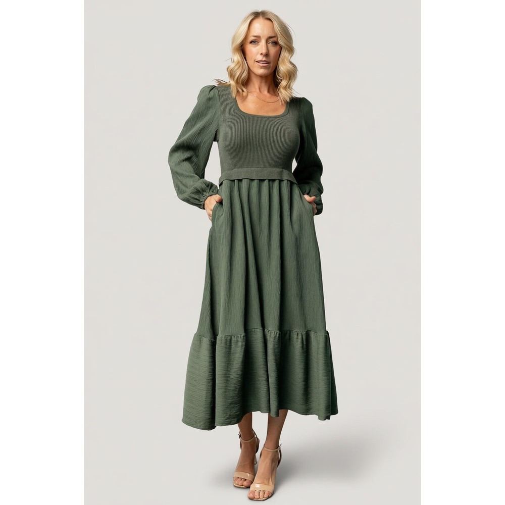 Baltic Born Alva Sweater Dress Dusty Green Ribbed Knit Midi Size L